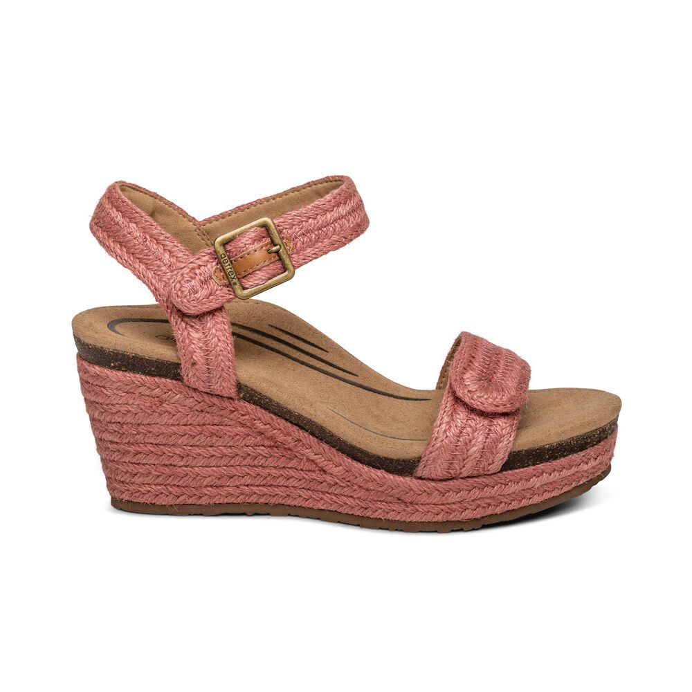 Aetrex Women's Sydney Quarter Strap Espadrille Wedge Sandals - Raspberry | USA 8AWNZN1